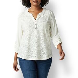 4/$20 No Boundaries Lace Front Long Sleeve Top XXL Ivory Tunic-Length Henley
